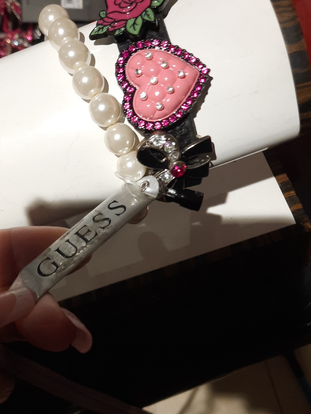 NWT GUESS Bundle Bracelet Set in Black, Pink & Pearl 1 Stretchy 1 Leather Charms